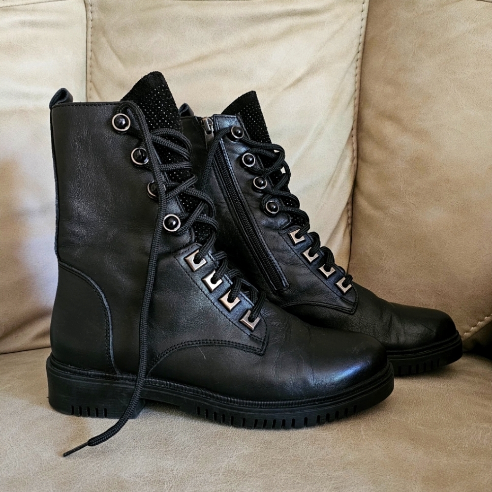 Sheridan Mia‎ black leather and shiny stones combat boots size 6 (EU 37)
